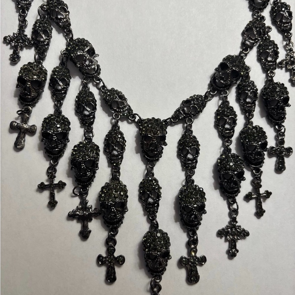 Black Gothic Chandelier Skull Necklace with Cross Pendants